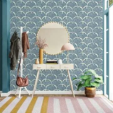 Tempaper x Novogratz Waverly Blue Feather Palm Removable Peel and Stick Wallpaper, 20.5 in X 16.5 ft, Made in The USA