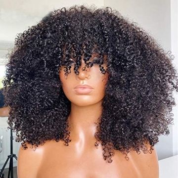 ARUKIHAIR Afro Kinky Curly Wig With Bangs Full Machine Made Scalp Top Wig 200 Density Virgin Brazili...