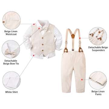 SANGTREE Boys' 5 Piece Suits, Casual Linen Suit Vest and Pant with Shirt, Bow Tie and Suspenders for...