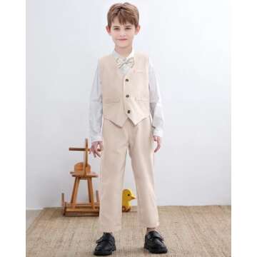 SANGTREE Boys' 5 Piece Suits, Casual Linen Suit Vest and Pant with Shirt, Bow Tie and Suspenders for Beach Wedding, Linen Khaki, 2-3T = Tag 110
