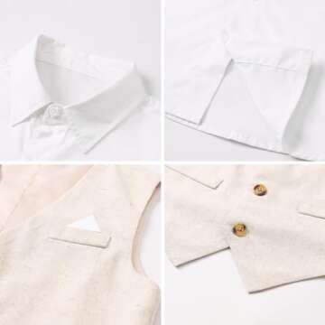 SANGTREE Boys' 5 Piece Suits, Casual Linen Suit Vest and Pant with Shirt, Bow Tie and Suspenders for Beach Wedding, Linen Khaki, 2-3T = Tag 110