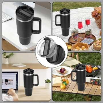 BKBY 2Pcs 40 OZ Tumbler Lid Compatible with Stanley Cup, Durablee Replacement Lids for Stanle Adventure Quencher Travel Tumbler 40 OZ, Spill-Proof Tumbler Cover (Black + Black Transparent)