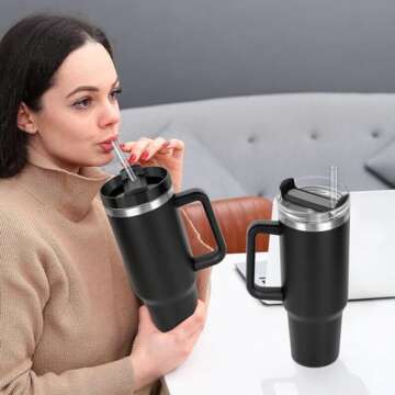 BKBY 2Pcs 40 OZ Tumbler Lid Compatible with Stanley Cup, Durablee Replacement Lids for Stanle Adventure Quencher Travel Tumbler 40 OZ, Spill-Proof Tumbler Cover (Black + Black Transparent)