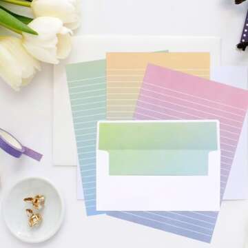 KSIWRE Watercolor Stationery Set with Envelopes, 16 Lined Paper Sheets + 8 Envelopes, Gradient Color...