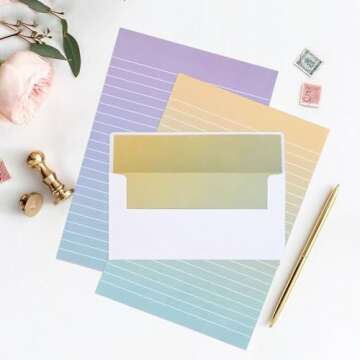 KSIWRE Watercolor Stationery Set with Envelopes, 16 Lined Paper Sheets + 8 Envelopes, Gradient Colors Stationery Paper for Writing Letter Poems Invitations Best Wishes
