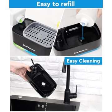 Hand and Dish Soap Dispenser Set for Kitchen, Dual Soap Dispenser with Sponge Holder, 3-in-1 Countertop Soap Pump Dispenser for Kitchen Sink, Useful Kitchen Gadgets - Black