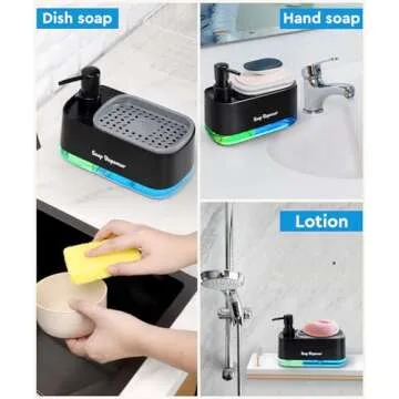 Hand and Dish Soap Dispenser Set for Kitchen, Dual Soap Dispenser with Sponge Holder, 3-in-1 Countertop Soap Pump Dispenser for Kitchen Sink, Useful Kitchen Gadgets - Black