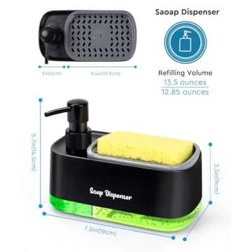 Hand and Dish Soap Dispenser Set for Kitchen, Dual Soap Dispenser with Sponge Holder, 3-in-1 Countertop Soap Pump Dispenser for Kitchen Sink, Useful Kitchen Gadgets - Black