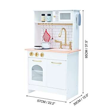 Teamson Kids Little Chef Boston Compact Farmhouse Interactive Wooden Play Kitchen with Sink, Oven, Microwave and Storage Space for Easy Clean Up, White with Gold Finishes