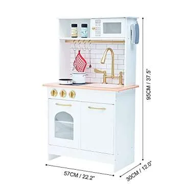 Teamson Kids Little Chef Boston Compact Farmhouse Interactive Wooden Play Kitchen with Sink, Oven, Microwave and Storage Space for Easy Clean Up, White with Gold Finishes