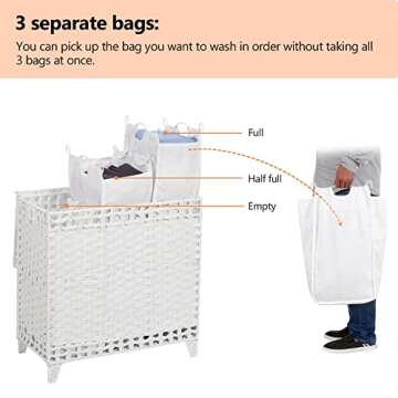 Laundry Hamper with 3 Removable Liner Bags; 132L Handwoven Rattan Laundry Basket with Lid & Heightened Feet; Clothes Hamper with Side Handles; Laundry Sorter with 3 Separate Sections (White)