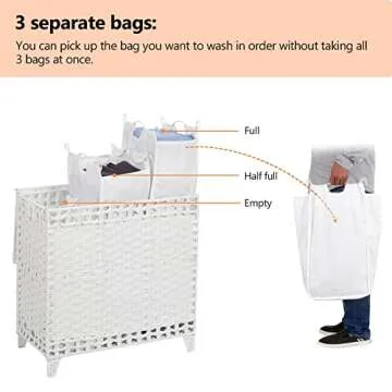 Laundry Hamper with 3 Removable Liner Bags; 132L Handwoven Rattan Laundry Basket with Lid & Heightened Feet; Clothes Hamper with Side Handles; Laundry Sorter with 3 Separate Sections (White)