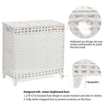 Laundry Hamper with 3 Removable Liner Bags; 132L Handwoven Rattan Laundry Basket with Lid & Heightened Feet; Clothes Hamper with Side Handles; Laundry Sorter with 3 Separate Sections (White)