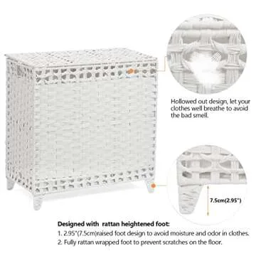 Laundry Hamper with 3 Removable Liner Bags; 132L Handwoven Rattan Laundry Basket with Lid & Heightened Feet; Clothes Hamper with Side Handles; Laundry Sorter with 3 Separate Sections (White)