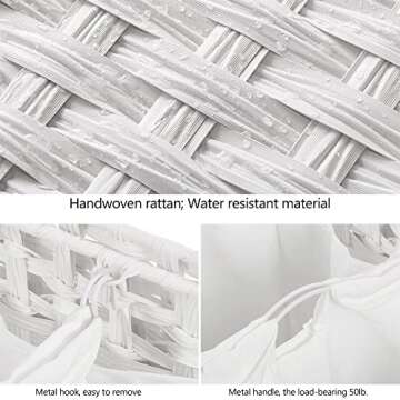 Laundry Hamper with 3 Removable Liner Bags; 132L Handwoven Rattan Laundry Basket with Lid & Heightened Feet; Clothes Hamper with Side Handles; Laundry Sorter with 3 Separate Sections (White)