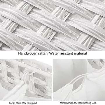 Laundry Hamper with 3 Removable Liner Bags; 132L Handwoven Rattan Laundry Basket with Lid & Heightened Feet; Clothes Hamper with Side Handles; Laundry Sorter with 3 Separate Sections (White)