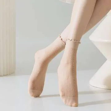 Mcool Mary 12 Pairs Women's Sheer Ruffle Socks Nude Stocking Summer Ultra Thin Cool See Through Silk Ankle Socks for Women