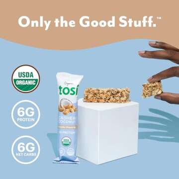 Tosi Cashew Coconut Protein Bars, Plant Based with Nuts, Gluten-Free Crunchy Snacks, Vegan, Organic,...