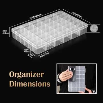 QUEFE 2 Pack 36 Grids Clear Plastic Organizer Storage Box Container, Craft Storage with Adjustable Dividers for Beads, Art DIY, Crafts, Jewelry, Fishing Tackle with Label Stickers