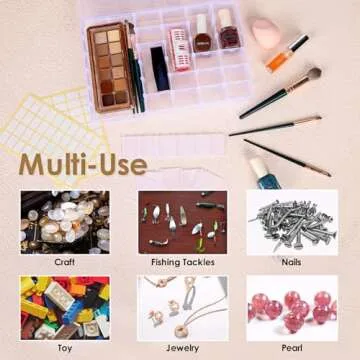 QUEFE 2 Pack 36 Grids Clear Plastic Organizer Storage Box Container, Craft Storage with Adjustable Dividers for Beads, Art DIY, Crafts, Jewelry, Fishing Tackle with Label Stickers