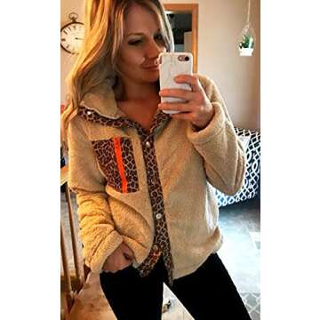 ECOWISH Women Fleece Leopard Coat Long Sleeve Button Down Jackets Winter Lapel Outerwear Beige Medium