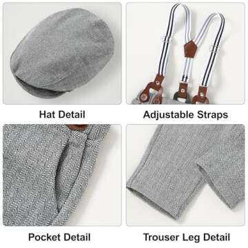 YALLET Baby Boy Clothes Suit, Infant Gentleman Outfits Printed Dress Shirt+Bowtie+Beret Hat+Detachable Suspender Pants 0-18M