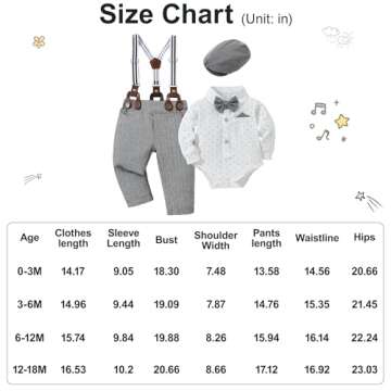 YALLET Baby Boy Clothes Suit, Infant Gentleman Outfits Printed Dress Shirt+Bowtie+Beret Hat+Detachable Suspender Pants 0-18M