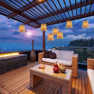 Livinlarge 2-Pack Bamboo Woven Outdoor Chandelier Small Hanging Rattan Solar Pendant Lights Modern Retro Boho Pendant for Gazebo Yard Porch Patio Garden Backyard Decor