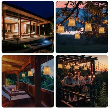 Livinlarge 2-Pack Bamboo Woven Outdoor Chandelier Small Hanging Rattan Solar Pendant Lights Modern Retro Boho Pendant for Gazebo Yard Porch Patio Garden Backyard Decor