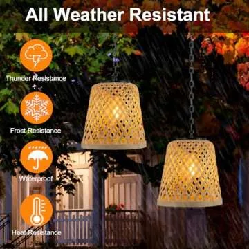 Livinlarge 2-Pack Bamboo Woven Outdoor Chandelier Small Hanging Rattan Solar Pendant Lights Modern Retro Boho Pendant for Gazebo Yard Porch Patio Garden Backyard Decor