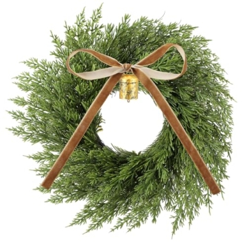 Dingion 12 Inch Faux Cedar Christmas Wreath with Rustic Cowbell & Ribbon for Holiday Decor