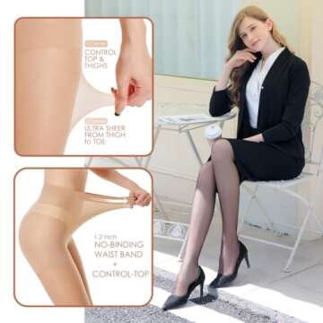 G&Y 3 Pairs Women's Sheer Tights - 20D Control Top Pantyhose with Reinforced Toes(Nude, L)