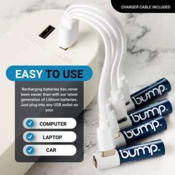 bump AAA USB Rechargeable Batteries, (4-Pack), Lithium Ion, High Output, Fast USB-C, 1.5V with LED Indicator Charging, Long Lasting, for Remotes, Toys, Keyboards, Includes 4-1 Charger Cable
