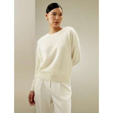 LilySilk 100% Cashmere Sweater for Women Relaxed Drop-Shoulder Crew Neck Long Sleeves Oversize Fit Jumper XS White
