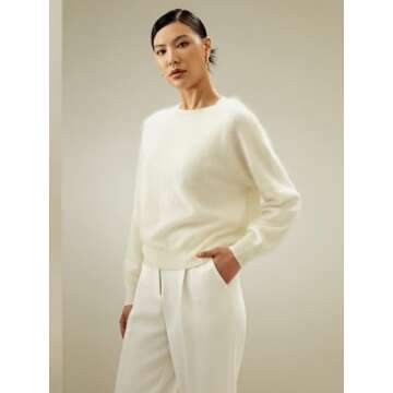 LilySilk 100% Cashmere Sweater for Women Relaxed Drop-Shoulder Crew Neck Long Sleeves Oversize Fit Jumper XS White