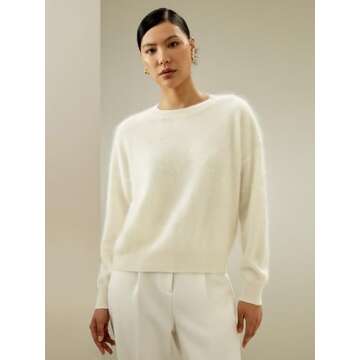 LilySilk 100% Cashmere Sweater for Women Relaxed Drop-Shoulder Crew Neck Long Sleeves Oversize Fit Jumper XS White