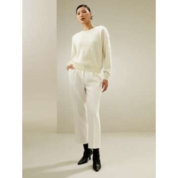 LilySilk 100% Cashmere Sweater for Women Relaxed Drop-Shoulder Crew Neck Long Sleeves Oversize Fit Jumper XS White