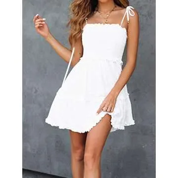 Women's Adjustable Straps White Mini Dress Strapless Tube Top Dress (L, White)