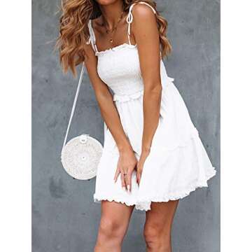 Women's Adjustable Straps White Mini Dress Strapless Tube Top Dress (L, White)