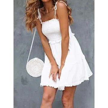Women's Adjustable Straps White Mini Dress Strapless Tube Top Dress (L, White)