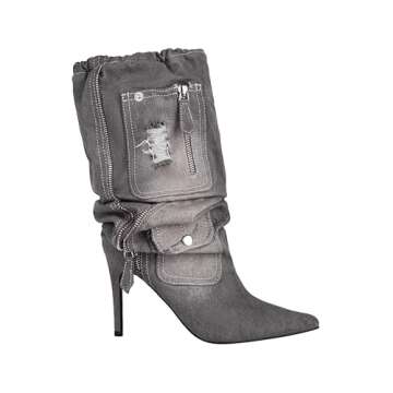 TAEPUSR Women's Stiletto Knee High Denim Pull On Cowgirl Mid Calf Boots Pointed Toe Western Cowboy B...