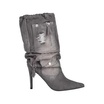 TAEPUSR Women's Stiletto Knee High Denim Pull On Cowgirl Mid Calf Boots Pointed Toe Western Cowboy B...