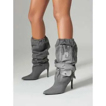 TAEPUSR Women's Stiletto Knee High Denim Pull On Cowgirl Mid Calf Boots Pointed Toe Western Cowboy Boots with Pockets and Zipper Decorate Size 7.5 Grey