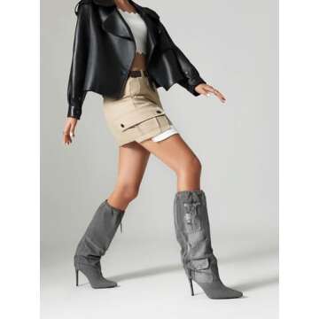 TAEPUSR Women's Stiletto Knee High Denim Pull On Cowgirl Mid Calf Boots Pointed Toe Western Cowboy Boots with Pockets and Zipper Decorate Size 7.5 Grey