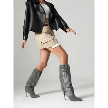 TAEPUSR Women's Stiletto Knee High Denim Pull On Cowgirl Mid Calf Boots Pointed Toe Western Cowboy Boots with Pockets and Zipper Decorate Size 7.5 Grey