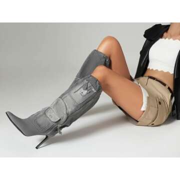 TAEPUSR Women's Stiletto Knee High Denim Pull On Cowgirl Mid Calf Boots Pointed Toe Western Cowboy Boots with Pockets and Zipper Decorate Size 7.5 Grey