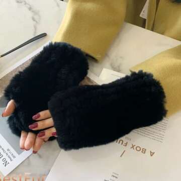 Lupidyyxun Real Rabbit Fur Gloves for Women Winter Furry Gloves Mittens Gloves Knitted Fingerless Gl...