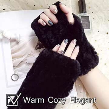 Lupidyyxun Real Rabbit Fur Gloves for Women Winter Furry Gloves Mittens Gloves Knitted Fingerless Gloves (Black)
