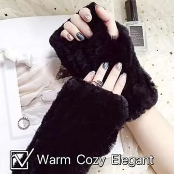 Lupidyyxun Real Rabbit Fur Gloves for Women Winter Furry Gloves Mittens Gloves Knitted Fingerless Gloves (Black)