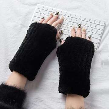 Lupidyyxun Real Rabbit Fur Gloves for Women Winter Furry Gloves Mittens Gloves Knitted Fingerless Gloves (Black)